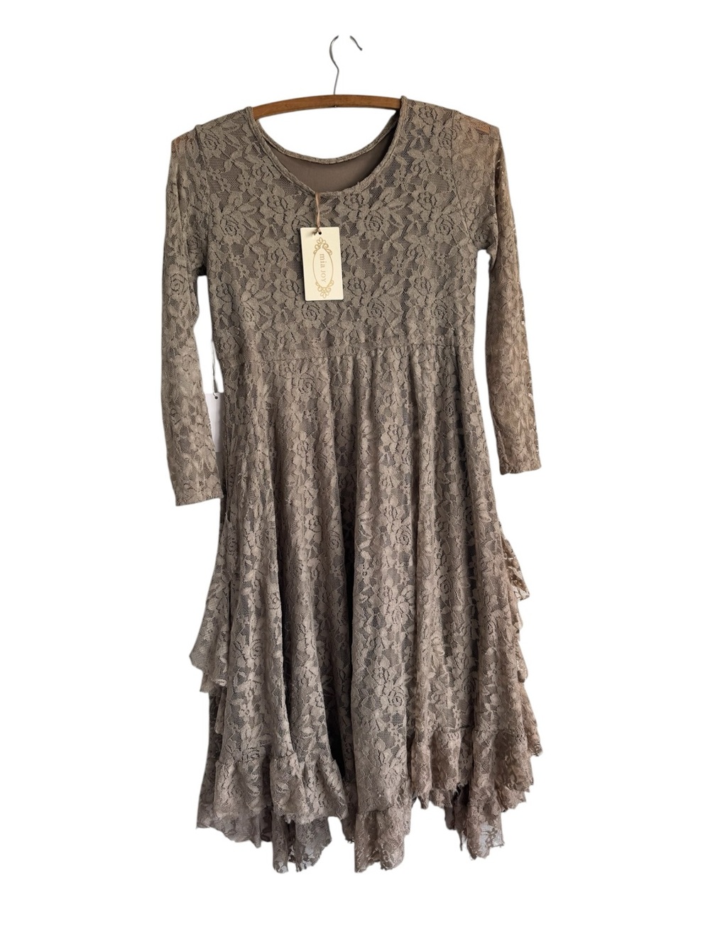 Joyfolie Girl's Lace Sandy Dress in Taupe NWT Size 14 Lacey Modest Ruffle